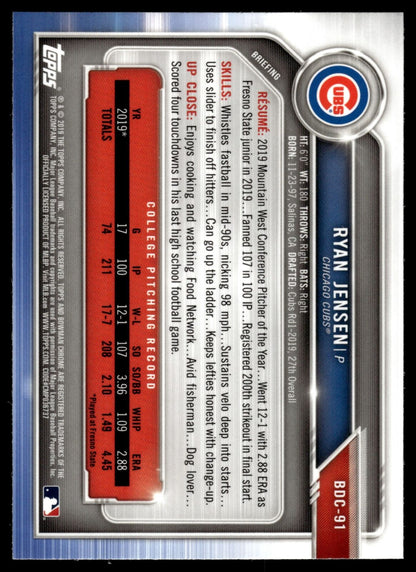 2019 Bowman Chrome Sapphire Prospects Ryan Jensen #BCP-91 Chicago Cubs