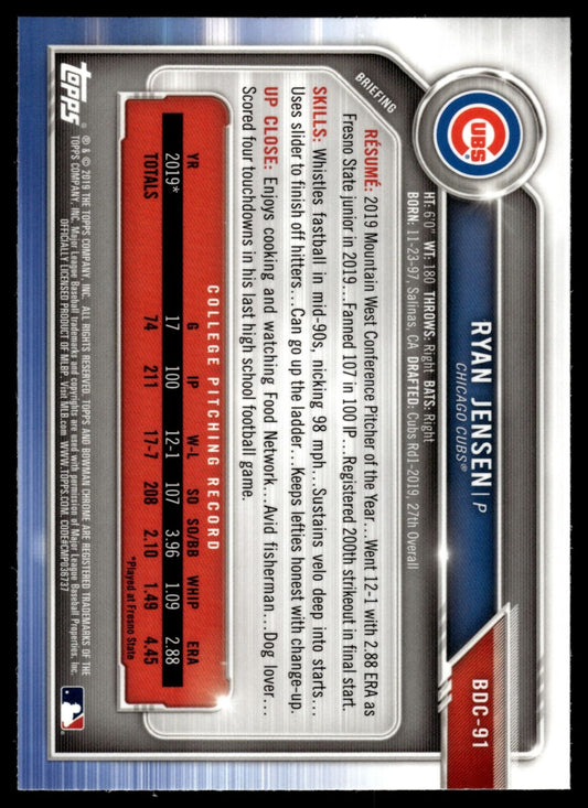 2019 Bowman Chrome Sapphire Prospects Ryan Jensen #BCP-91 Chicago Cubs