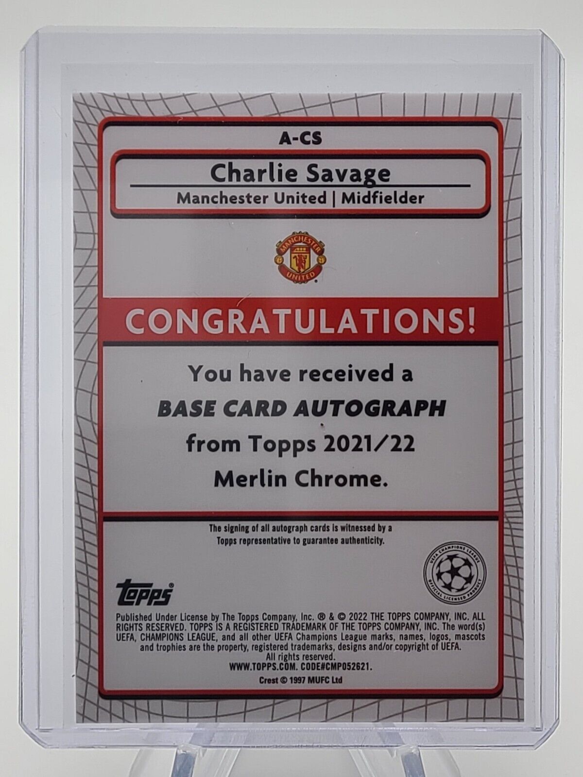 2021-22 Topps Merlin Collection Chrome UCL Charlie Savage #A-CS Rookie Auto RC