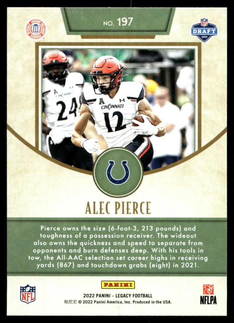 Alec Pierce 2022 Panini Legacy Bronze Rookie RC #197 Colts