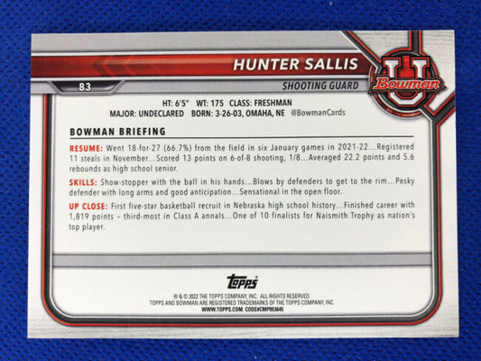 2022 Bowman University Hunter Sallis 1st Bowman #83