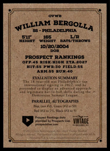 2023 Onyx Vintage #OVWB William Bergolla - Philadelphia Phillies