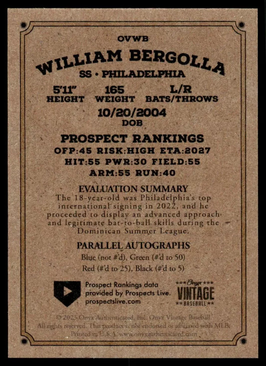 2023 Onyx Vintage #OVWB William Bergolla - Philadelphia Phillies