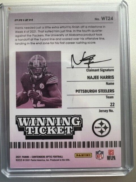 2021 Panini Contender Najee Harris Winning Ticket Rookies RC #WT24 Steelers