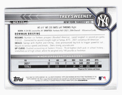 2022 Bowman Chrome Sapphire Trey Sweeney 1st Bowman BCP-137 New York Yankees