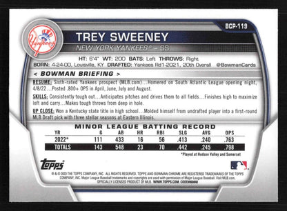 2022 Bowman Chrome Sapphire #BCP119 Trey Sweeney