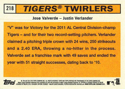 2012 Topps Heritage Jose Valverde / Justin Verlander #218 Tigers