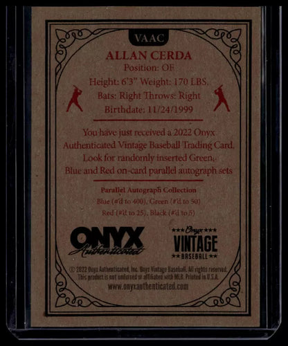 2022 Onyx Vintage Extended Blue Signatures #VAAC Allan Cerda #/400 - Cincinnati Reds