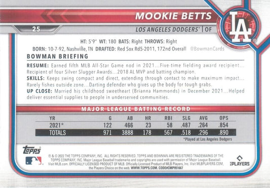 2022 Bowman Mookie Betts #25 Los Angeles Dodgers