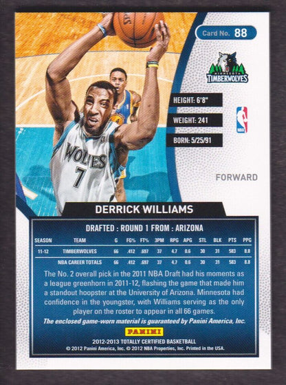 2012-13 Totally Certified Basketball Jersey Red 88 Derrick Williams Timberwolves