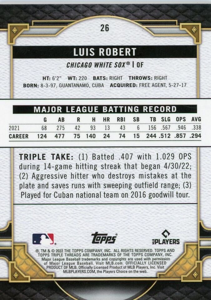 2022 Topps Triple Threads Baseball Emerald #26 Luis Robert 154/259 Chicago White Sox