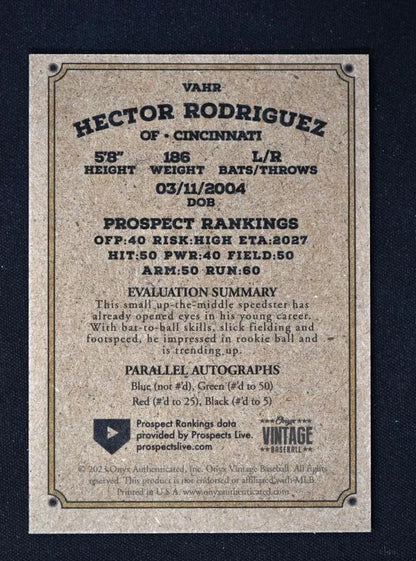 2023 Onyx Vintage Blue Signatures #VAHR Hector Rodriguez - Cincinnati Reds