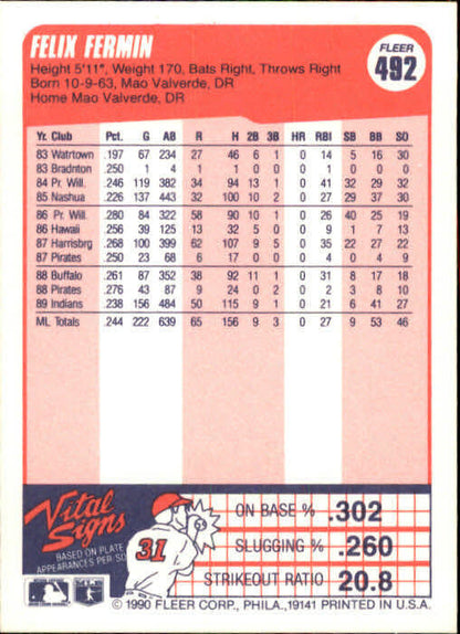 1990 Fleer Felix Fermin #492 Cleveland Indians