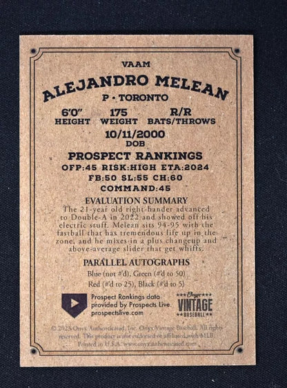 2023 Onyx Vintage Blue Signatures #VAAM Alejandro Melean Toronto Blue Jays