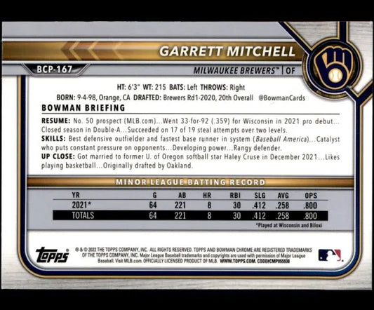 2022 Bowman Chrome Prospects Garrett Mitchell Mojo Refractors #BCP-167 Milwaukee Brewers