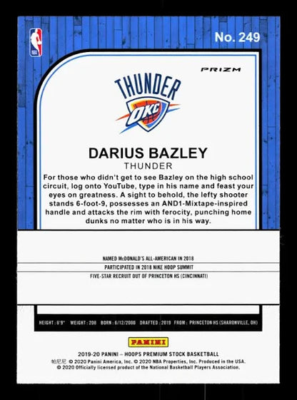 2019-20 Hoops Premium Stock Darius Bazley Rookie Silver Prizm #249 Oklahoma City Thunder
