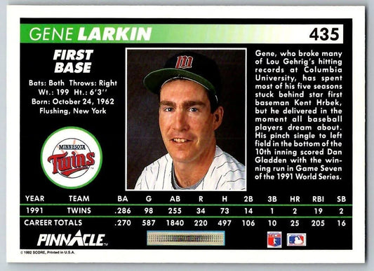 1992 Score Pinnacle Gene Larkin #435 Minnesota Twins
