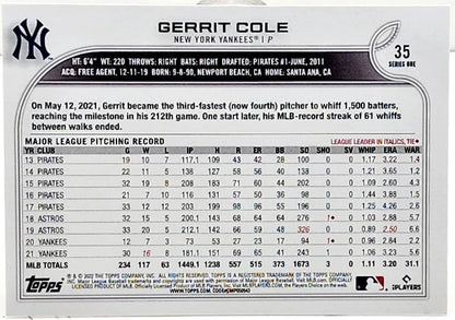 2022 Topps Series 1 Gerrit Cole #35 New York Yankees