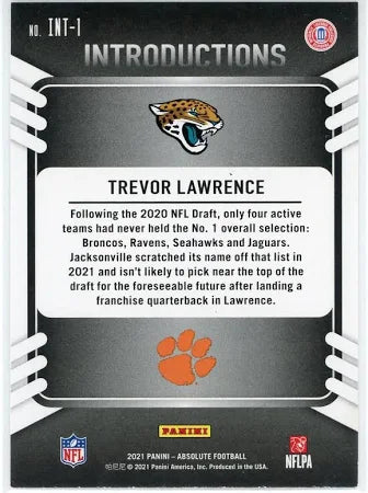 2021 Panini Absolute Introductions Trevor Lawrence Rookie Card #INT-1 RC
