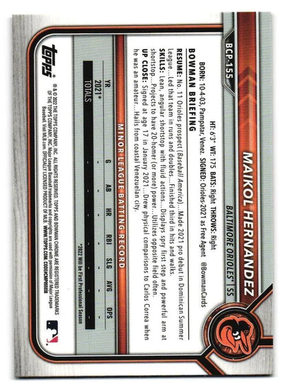 2022 Bowman Chrome Prospects Maikol Hernandez Gold Mojo Refractors - 11/50 #BCP-155 Baltimore Orioles