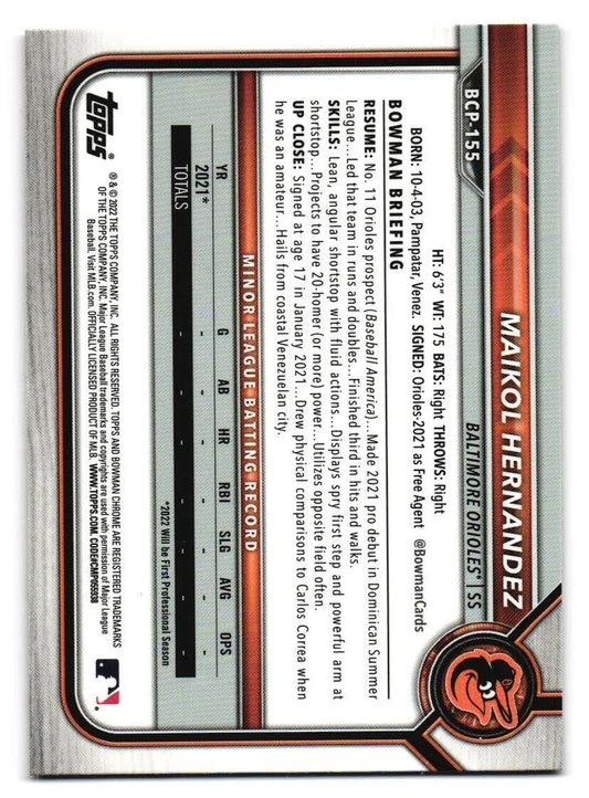 2022 Bowman Chrome Prospects Maikol Hernandez Gold Mojo Refractors - 11/50 #BCP-155 Baltimore Orioles