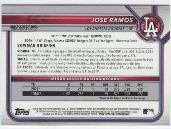 2022 Bowman Chrome Prospects Jose Ramos Mojo Refractors #BCP-228 Los Angeles Dodgers