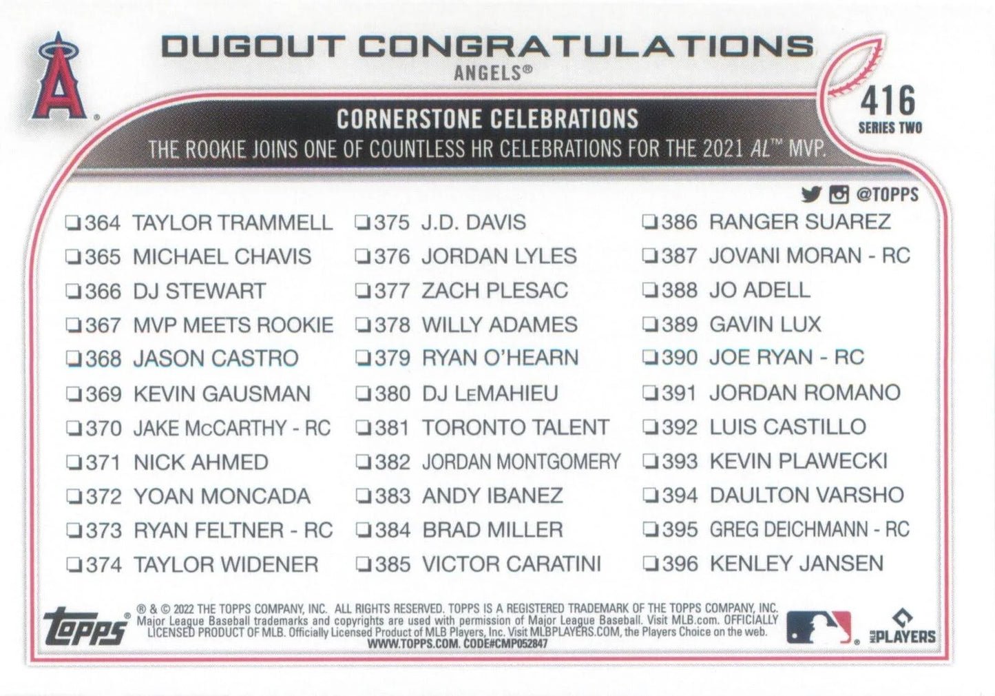 2022 Topps Shohei Ohtani / Brandon Marsh - Checklist #416 Los Angeles Angels