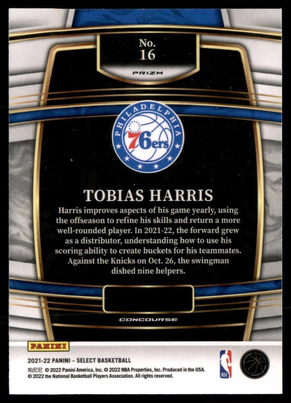 2021-22 Panini Select Tobias Harris Blue Prizm #16 Philadelphia 76ers