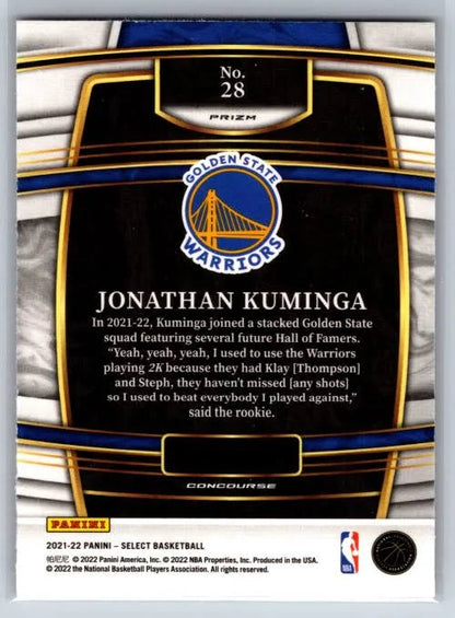 2021-22 Panini Select Jonathan Kuminga Orange Flash Prizms 28 Golden State Warriors
