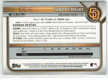 2022 Bowman Chrome Prospects Yendry Rojas Mojo Refractors #BCP-178 San Diego Padres