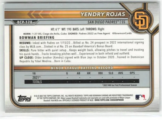 2022 Bowman Chrome Prospects Yendry Rojas Mojo Refractors #BCP-178 San Diego Padres