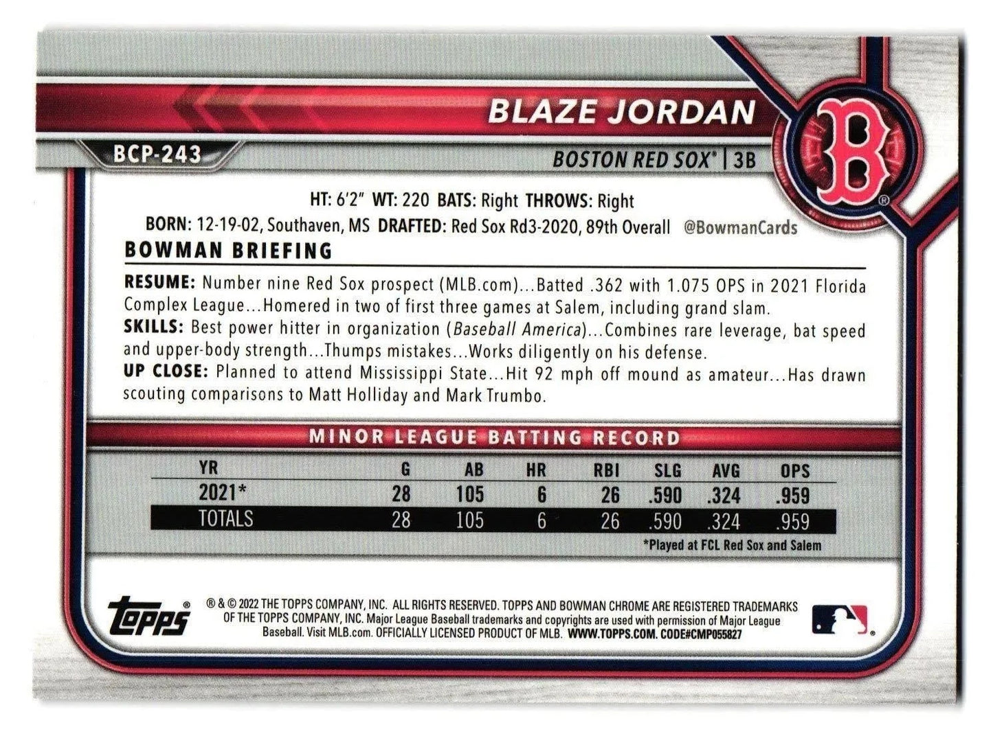 2022 Bowman Chrome Prospects Blaze Jordan Mojo Refractors #BCP-243 Boston Red Sox