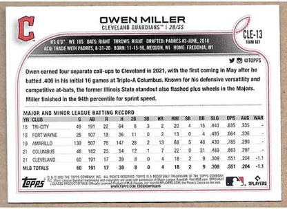 2022 Topps Owen Miller #CLE-13 Cleveland Guardians