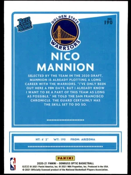 2020-21 Donruss Optic Fanatics Rated Rookies Nico Mannion #190 Golden State Warriors