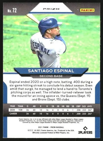 2021 Panini Prizm Santiago Espinal Rookie Purple Prizm #72 Toronto Blue Jays