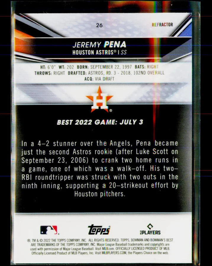 2022 Bowman's Best Refractor Jeremy Pena Rookie #26 Houston Astros