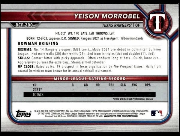 2022 Bowman Chrome Prospects Yeison Morrobel Mojo Refractors #BCP-200 Texas Rangers