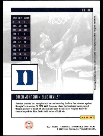 2021 Panini Luminance Jalen Johnson Rookie 88 Duke Blue Devils