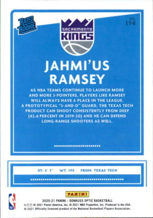 2020-21 Donruss Optic Fanatics Rated Rookies Jahmi'us Ramsey #194 Sacramento Kings