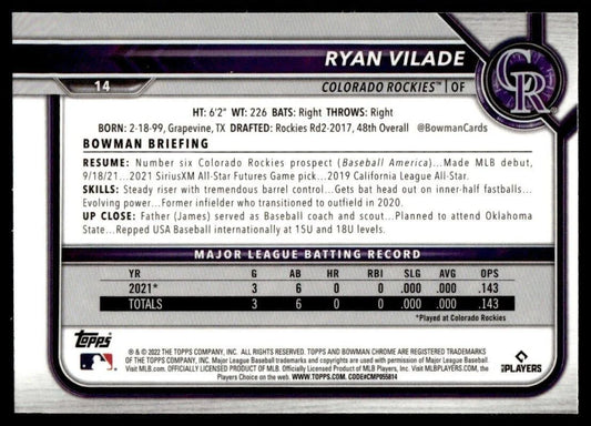 2022 Bowman Chrome Ryan Vilade RC #14 Colorado Rockies