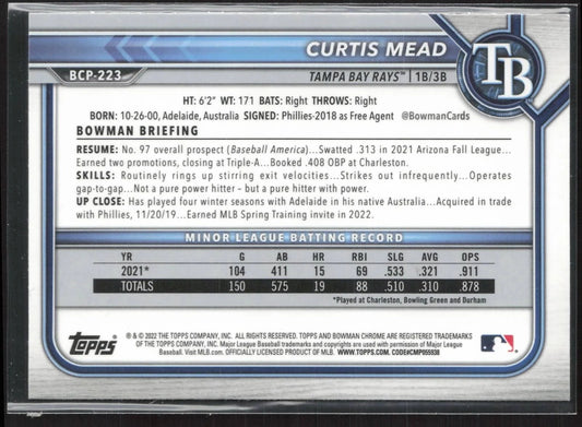 2022 Bowman Chrome Prospects Curtis Mead Mojo Refractors #BCP-223 Tampa Bay Rays