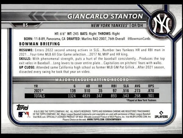 2022 Bowman Chrome Giancarlo Stanton #85 New York Yankees