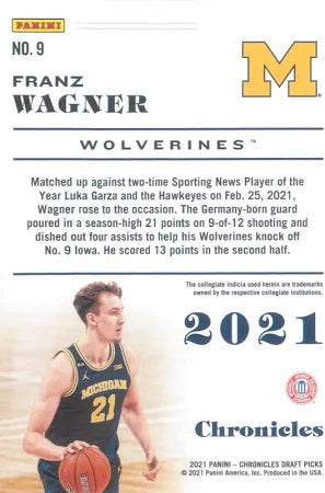 2021 Panini Chronicles Draft Picks Franz Wagner #9 Michigan Wolverines