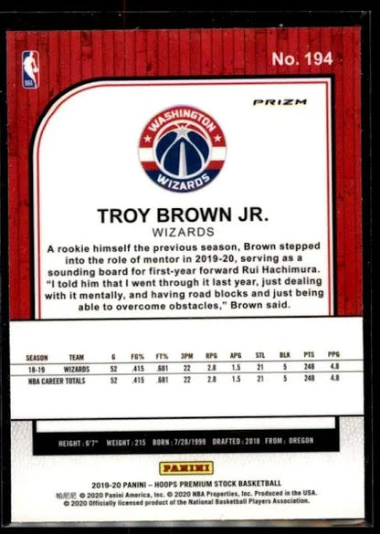 2019-20 Hoops Premium Stock Troy Brown Jr. Silver Prizm #194 Washington Wizards
