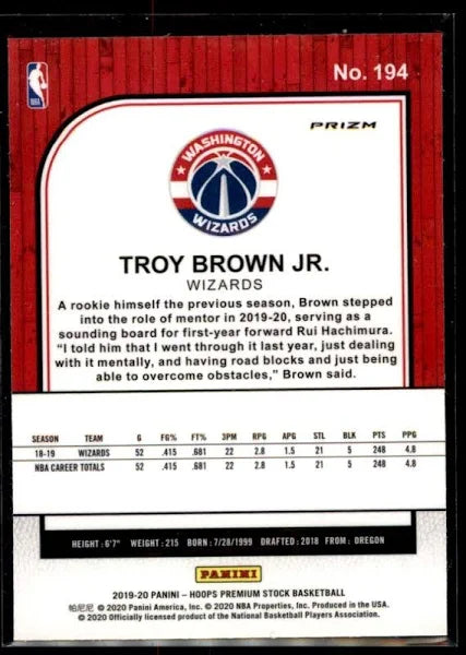 2019-20 Hoops Premium Stock Troy Brown Jr. Silver Prizm #194 Washington Wizards