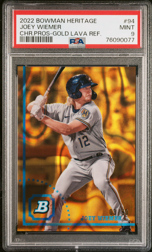 2022 Bowman Heritage Chrome Prospects Gold Lava Refractor 03/50 Joey Wiemer #94 PSA 9 Mint POP 1