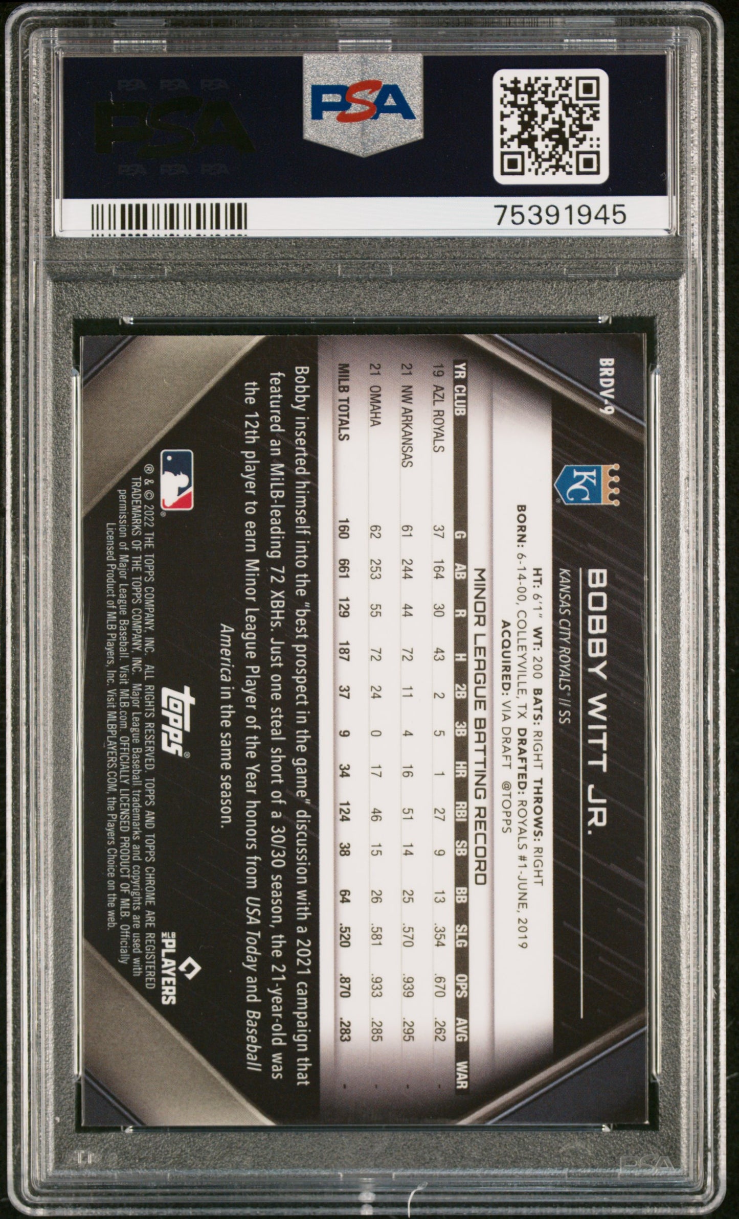 2022 Topps Chrome Black Design Variation Bobby Witt Jr #BRDV-9 Rookie PSA 9 Mint