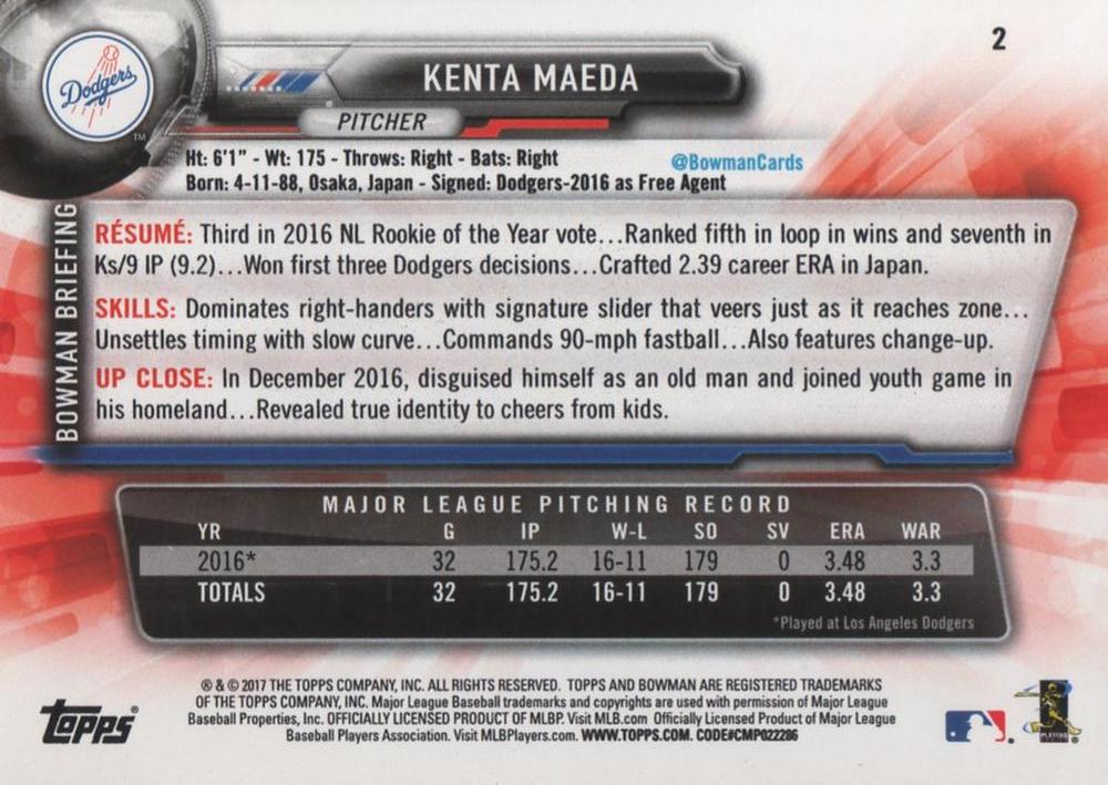 2017 Bowman Kenta Maeda #2 Los Angeles Dodgers