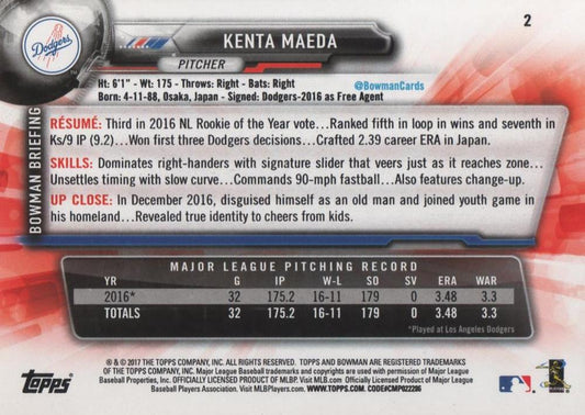 2017 Bowman Kenta Maeda #2 Los Angeles Dodgers