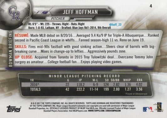 2017 Bowman Jeff HoffmanÂ  RC # 4 Colorado Rockies